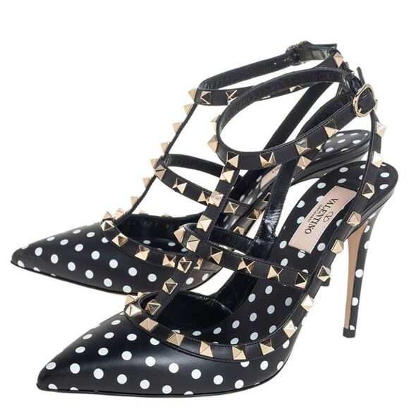 VALENTINO GARAVANI Black Ankle Strap Rockstud White Polkadot Sandals Siz… - Picture 3 of 15